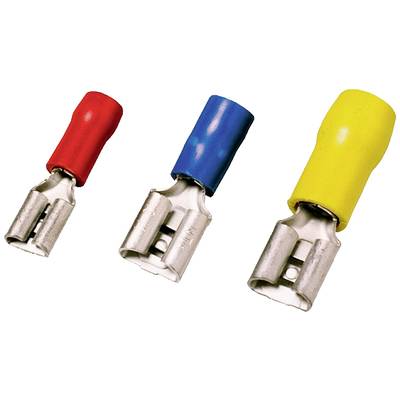 Drie platte stekerkokers, rood, blauw en geel, tonen verschillende formaten voor gebruik bij elektrische verbindingen.
