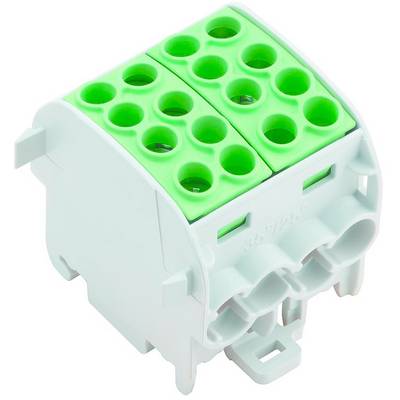 Een witte elektrische stekker met groene aansluitingen, geschikt voor het verbinden van kabels. De stekker heeft meerdere aansluitopeningen.