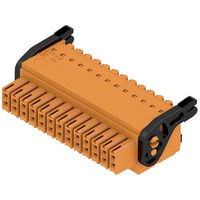 Een oranje elektrische stekker met zwarte bevestigingselementen, voor het verbinden van elektrische schakelingen.