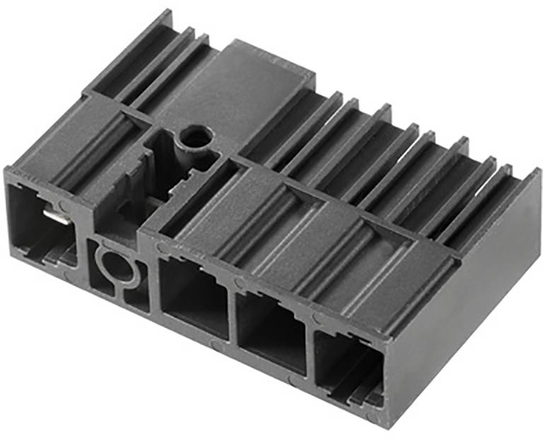 Rechthoekig, zwart kunststof onderdeel met meerdere openingen en ribben. Mogelijk een component voor elektrische of mechanische toepassingen.