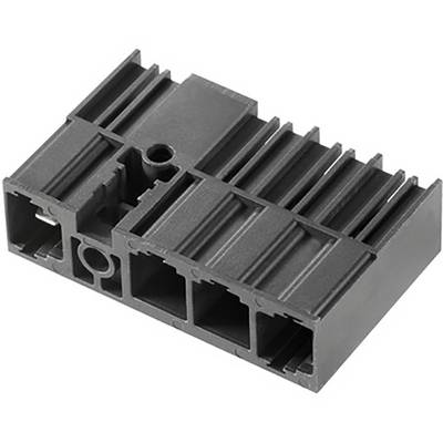 Rechthoekig, zwart kunststof onderdeel met meerdere openingen en ribben. Mogelijk een component voor elektrische of mechanische toepassingen.