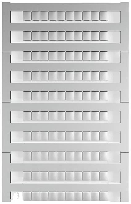 Een lege, witte elektrische zekeringkast met meerdere horizontale rijen voor schakelaarmontage.