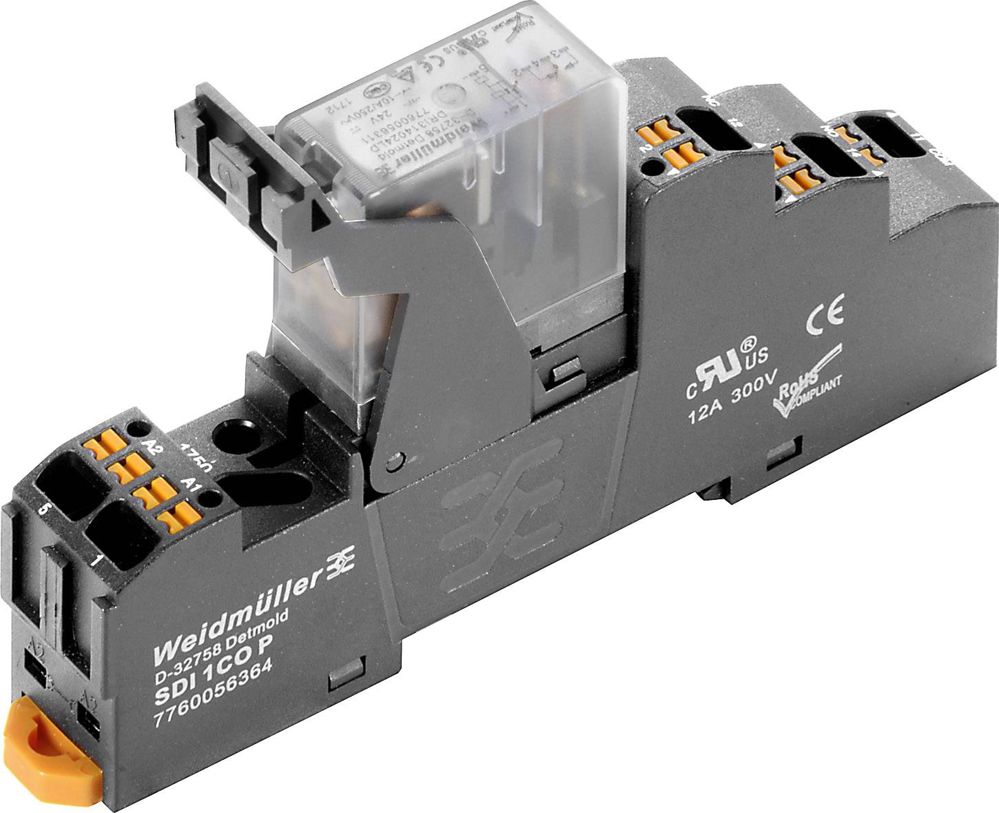 Een elektrisch relais van Weidmüller met labels en aansluitingen.