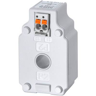 Een witte elektrische sensor met twee oranje aansluitingen bovenaan. Bovenaan is een opschrift met technische specificaties zichtbaar.