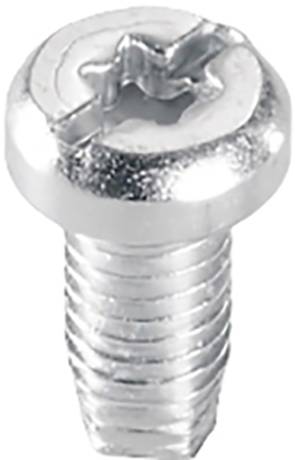 Een zilveren metalen schroef met kruiskopvorm, helder verlicht, op een witte achtergrond.