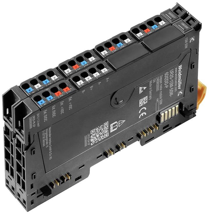 Zwart elektronisch module met meerdere aansluitingen en QR-code, gebruikt in industriële besturingssystemen.