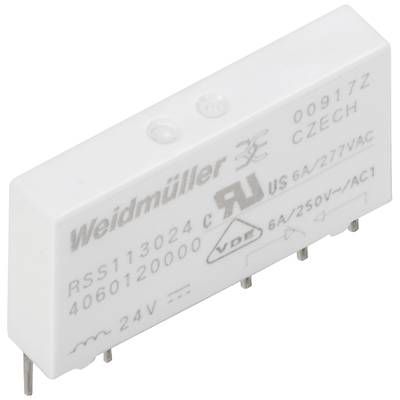 Een wit Weidmüller-relais met modelnummer RSS113024C, geschikt voor 6A/250V wisselstroom. Het heeft zes metalen pinnen om in te steken.