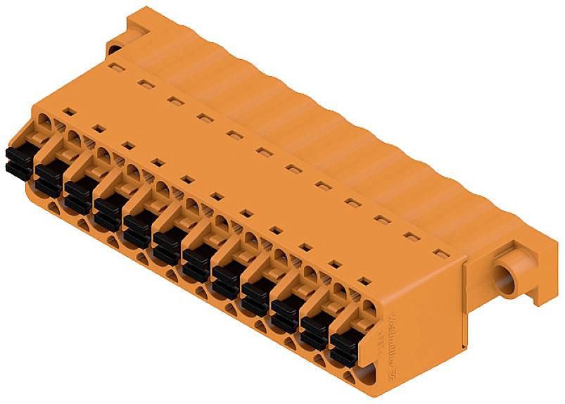 Elektrische stekkerverbinding met meerdere oranje aansluitingen en zwarte schakelaars, gebruikt in industriële toepassingen.