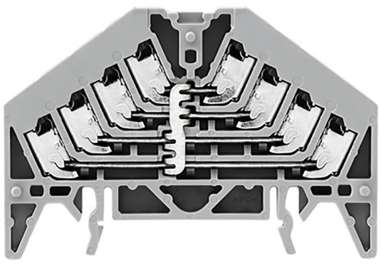 Een grijze elektrische verbindingscomponent met meerdere metalen contacten en schroefklemmen, die draden in een schakelkast verbinden.