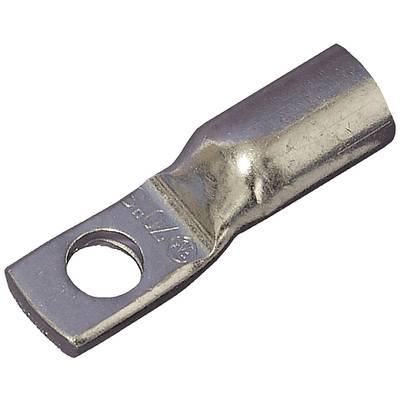 Een metalen kabelschoen met een gat voor bevestiging, gebruikt voor het verbinden van elektrische leidingen.