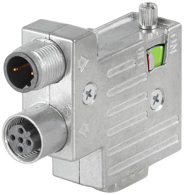 Een rechthoekige, zilveren adapter met twee ronde aansluitingen en een groen, rood indicatorvenster aan de bovenkant.