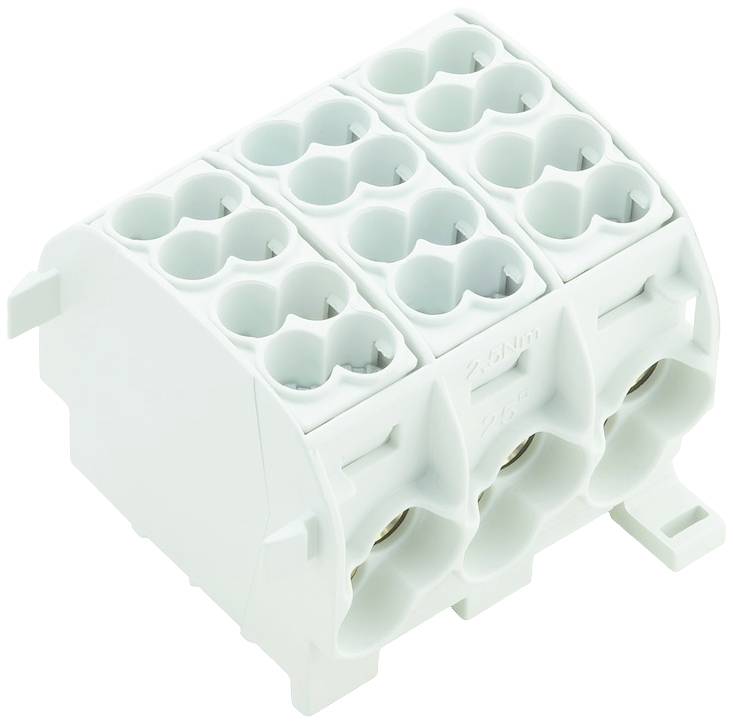Witte, multipolaire elektrische stekkerklem met vierkante aansluitingen en zijdelingse bevestigingsclips, voor het verbinden van meerdere kabels.