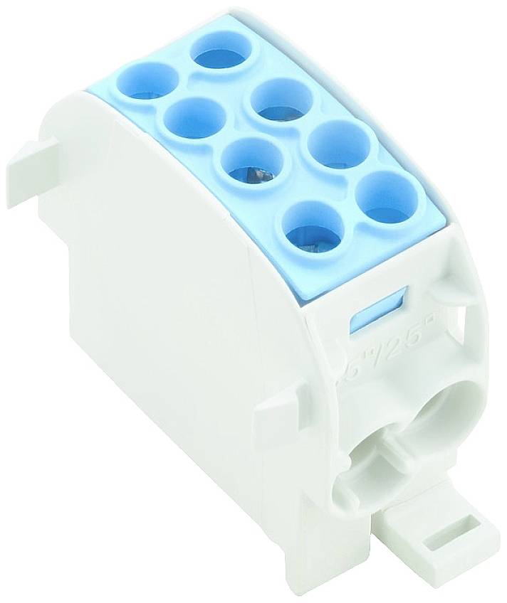 Een wit-blauwe, modulaire aansluitblok met meerdere aansluitplaatsen voor elektrische verbindingen.
