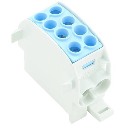 Een wit-blauwe, modulaire aansluitblok met meerdere aansluitplaatsen voor elektrische verbindingen.
