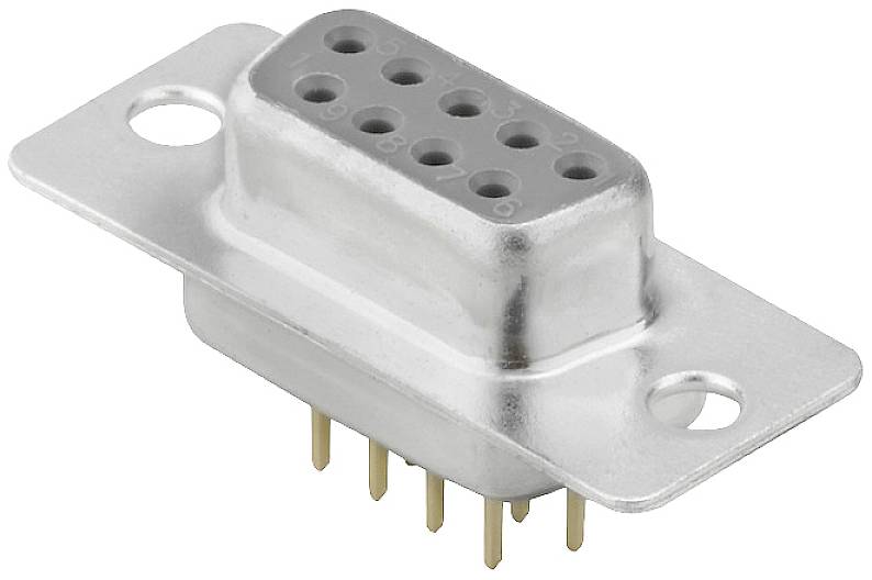 Metalen stekker met negen pinnen in een D-vormige aansluiting voor elektronische verbindingen, tegen een witte achtergrond.