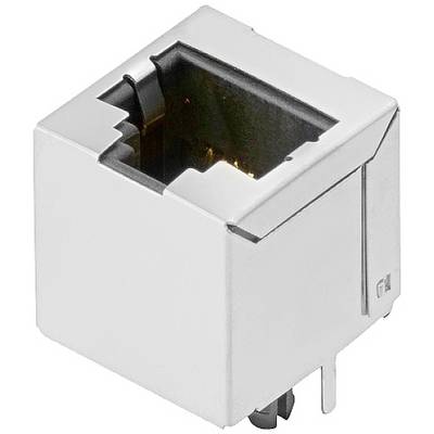 Een witte RJ45-Ethernet-aansluiting close-up, toont de binnenkant en contactpunten. Behuizingsranden licht zichtbaar.