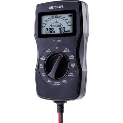 Een digitaal accutenapparaat toont '12.08V' en '108mΩ' op het display. Het heeft een draaiknop voor het selecteren van instellingen.
