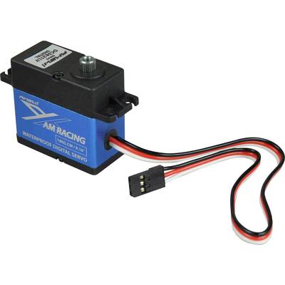 Zwarte en blauwe digitale servo met kabel en stekker voor modellvoertuigen. Gemarkeerd met 'AM Racing Waterproof Digital Servo'.