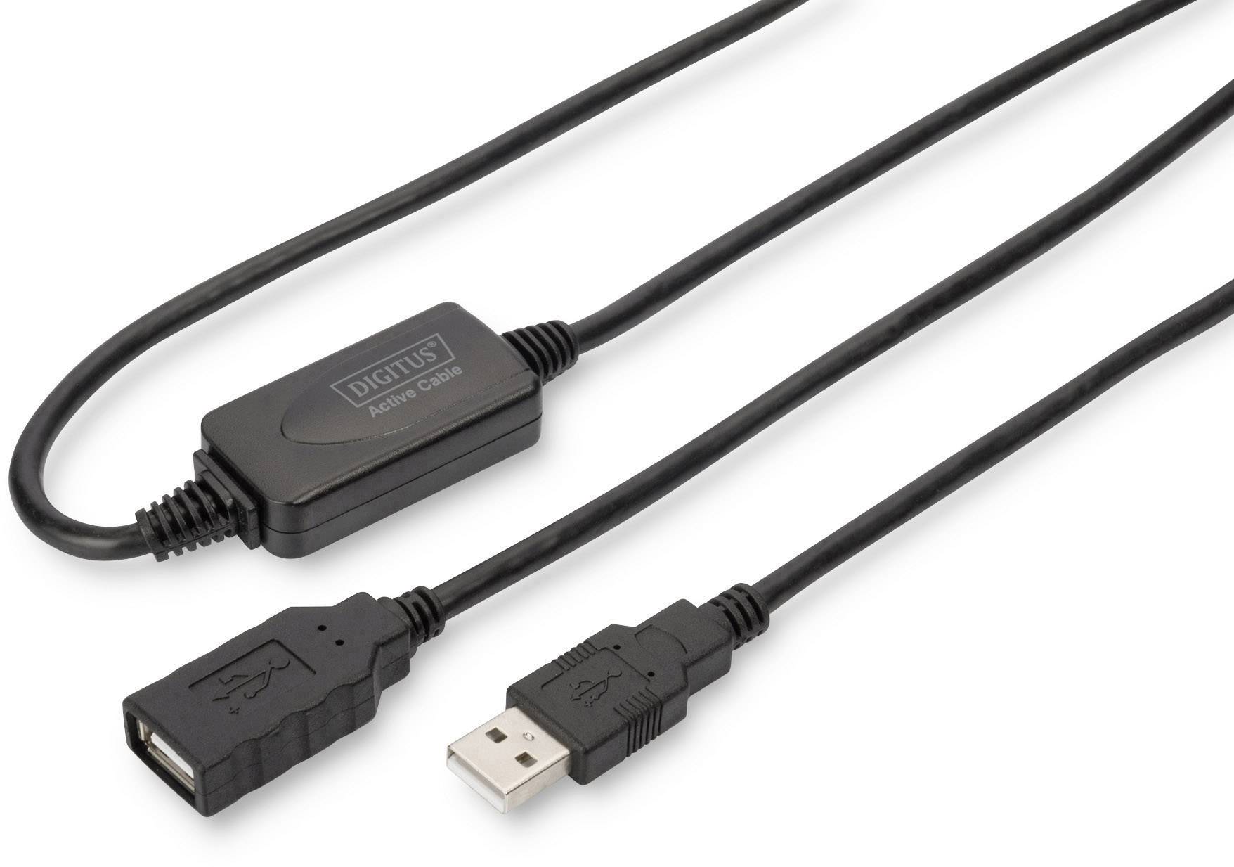 USB-verlengkabel met stekker en bus. 'DIGITUS Active Cable' staat gedrukt op de behuizing van de repeater.