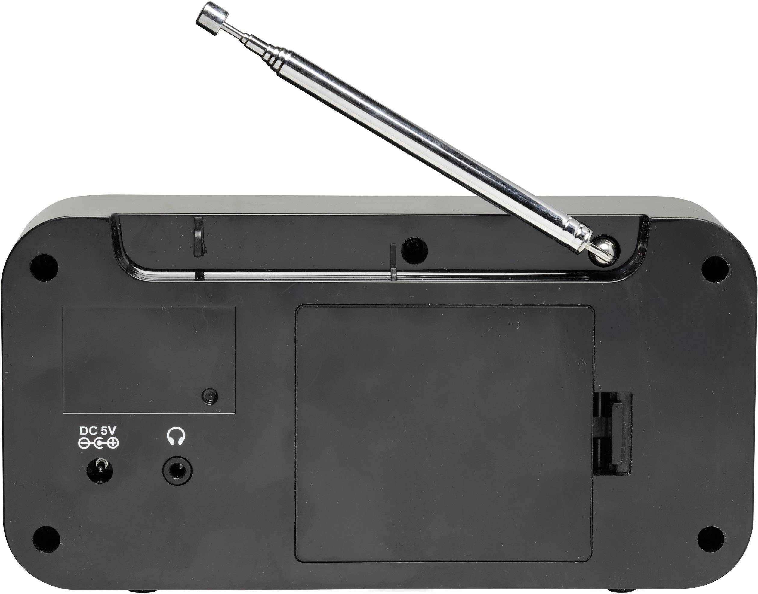 Achteraanzicht van een zwart apparaat met een uitgeschoven metalen antenne en een DC 5V-ingangsaansluiting.