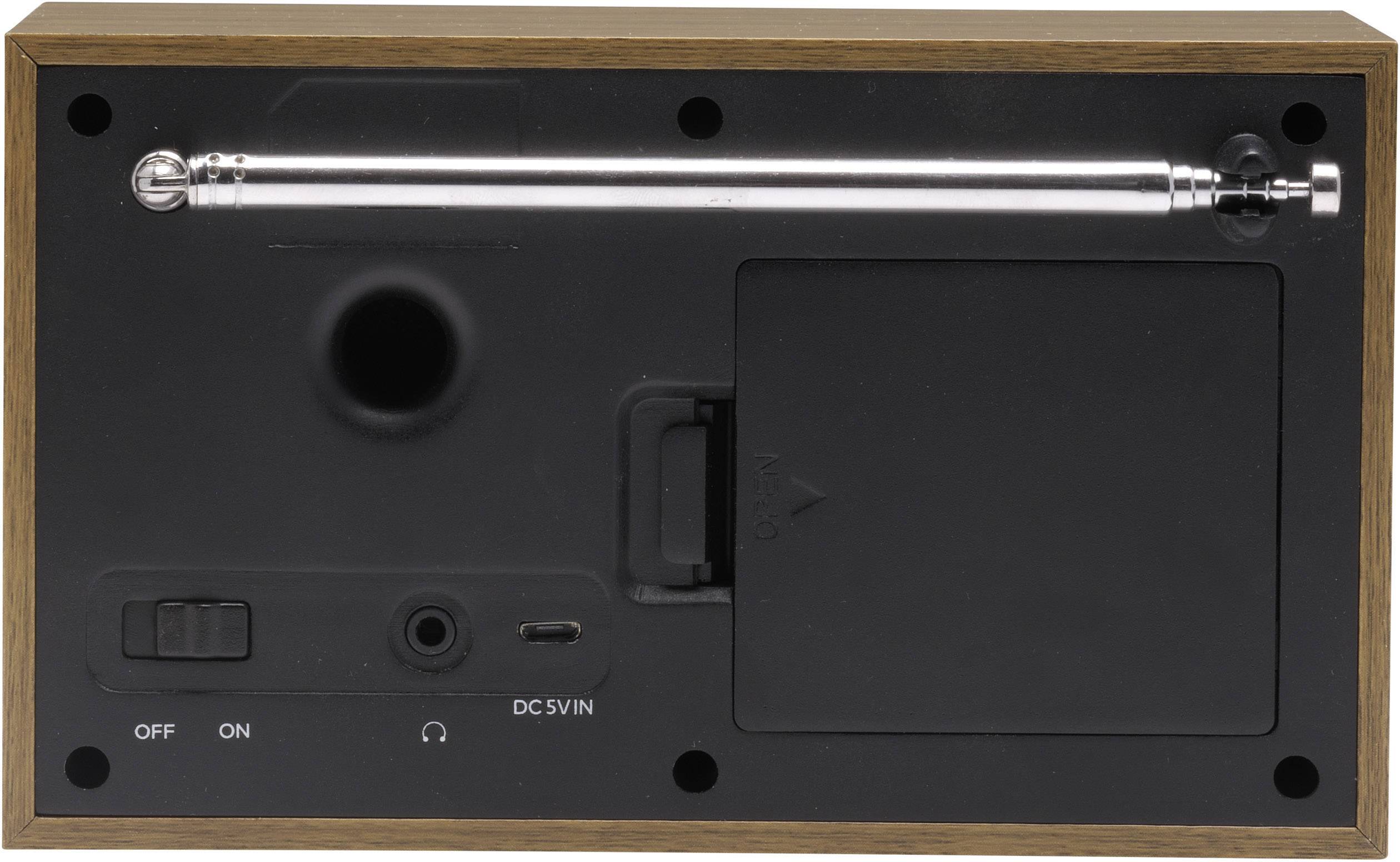 Achteraanzicht van een houten kast met een draaibare metalen antenne, een schakelaar voor aan- en uitzetten en een gelijkstroomaansluiting voor de stroomvoorziening.