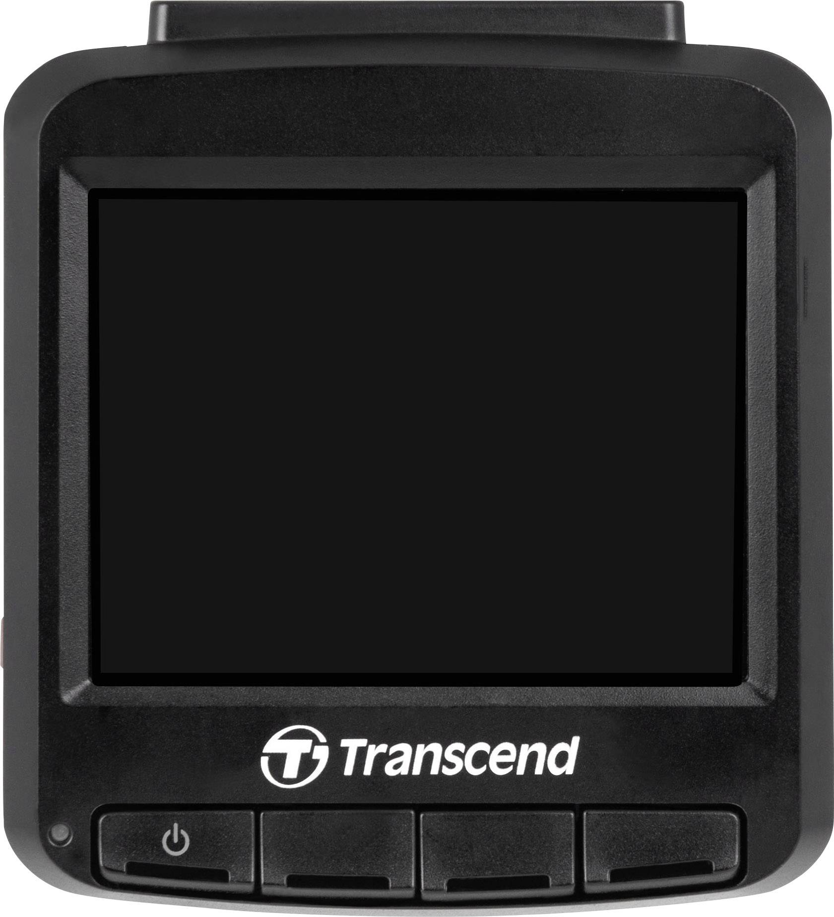 Autokamera met een zwart scherm en bedieningsknoppen eronder; 'Transcend' merk onderaan zichtbaar.