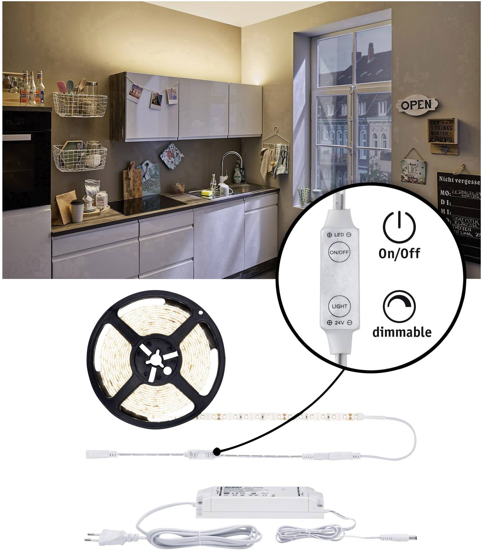 LED-lichtstrip-set voor in de keuken met dimfunctie en afstandsbediening. Toont installatie en toepassingsmogelijkheden voor verlichting.