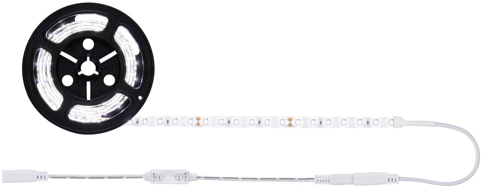 Een opgerolde LED-lichtbalk met kabel en aansluitstuk.