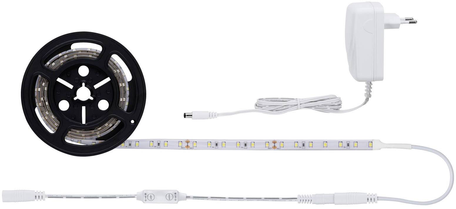 LED-lichtstrip en adapter op witte achtergrond. De strip is gedeeltelijk opgerold, met zichtbare LED's, aangesloten op een voedingsadapter.