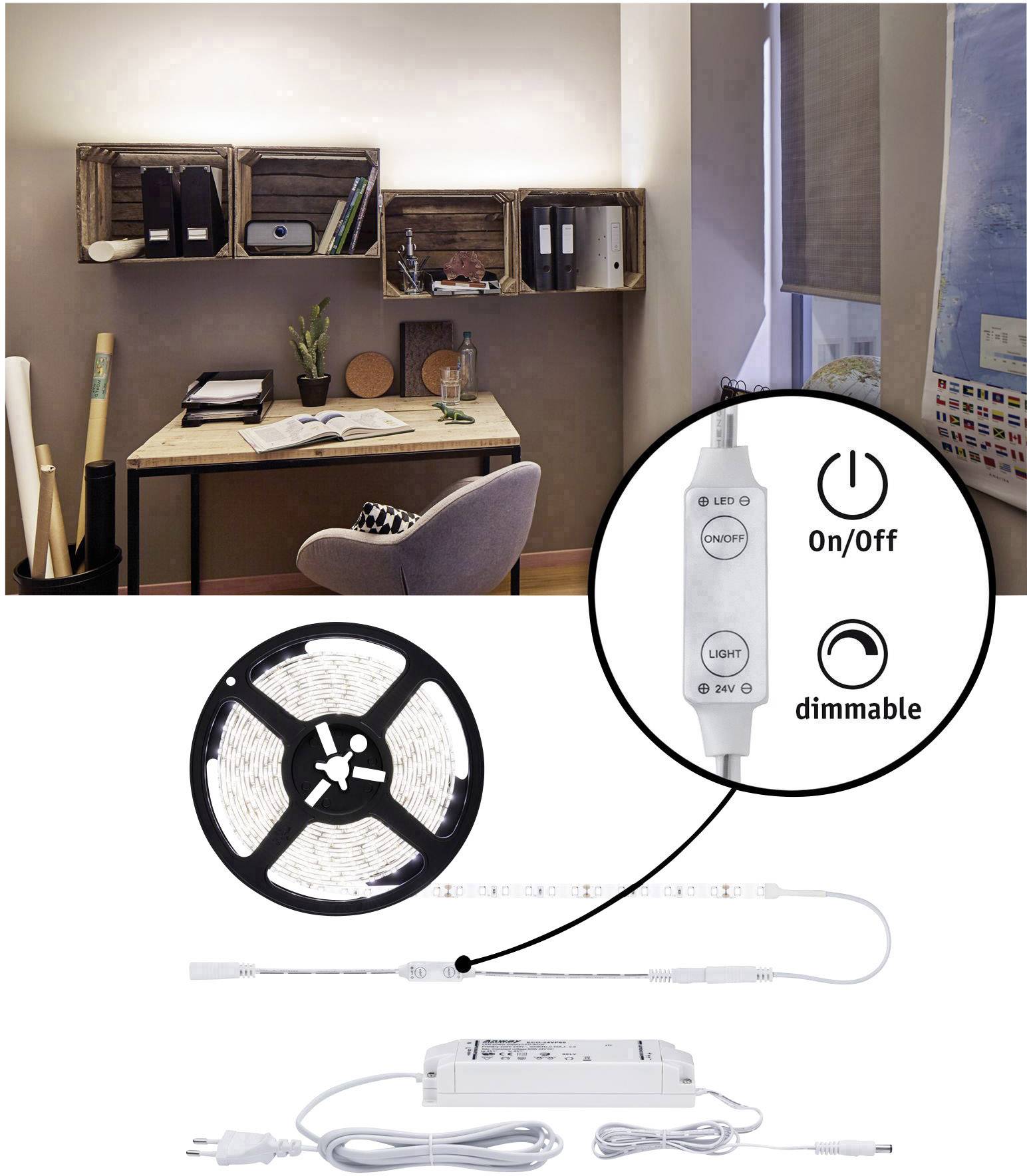 Een bureau met een stoel en verlichte schappen aan de muur. Een close-up toont een LED-strip en afstandsbediening met 'Aan/Uit' en 'dimbaar'.