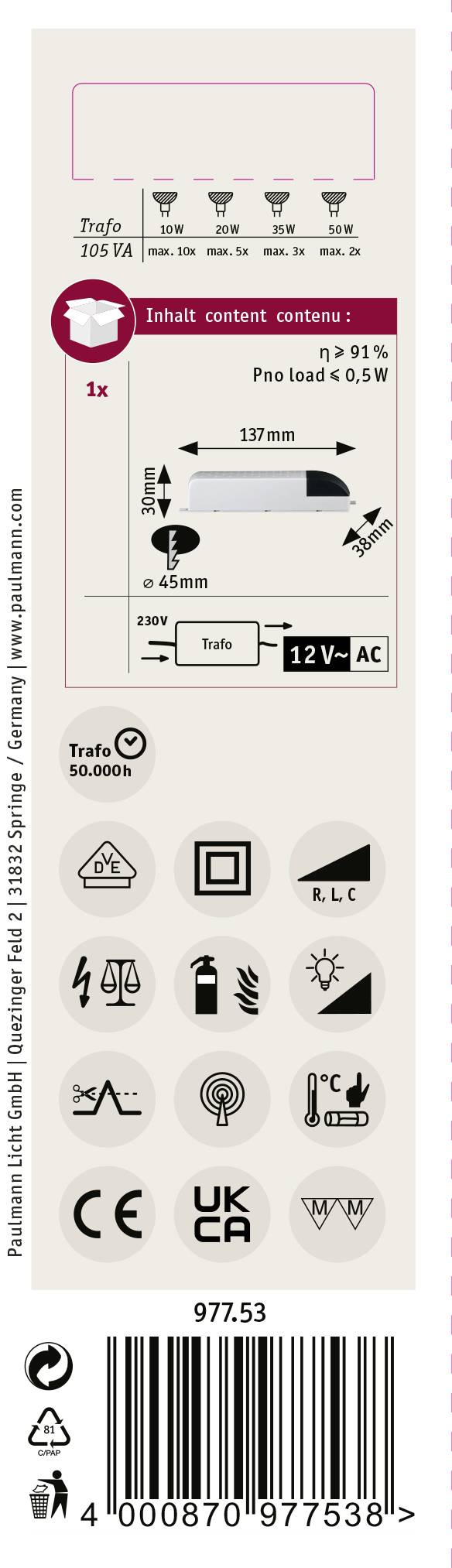 Productlabel toont technische specificaties voor een LED-lamp, inclusief spanning, vermogensverbruik en afmetingen. Symbolen voor veiligheids- en kwaliteitscertificaten zijn onderaan afgebeeld.
