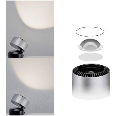 Een cilindervortige projector met twee lichthoeken aan de linkerkant toont verschillende lichtstralen. Rechts is de projector uit elkaar gehaald.