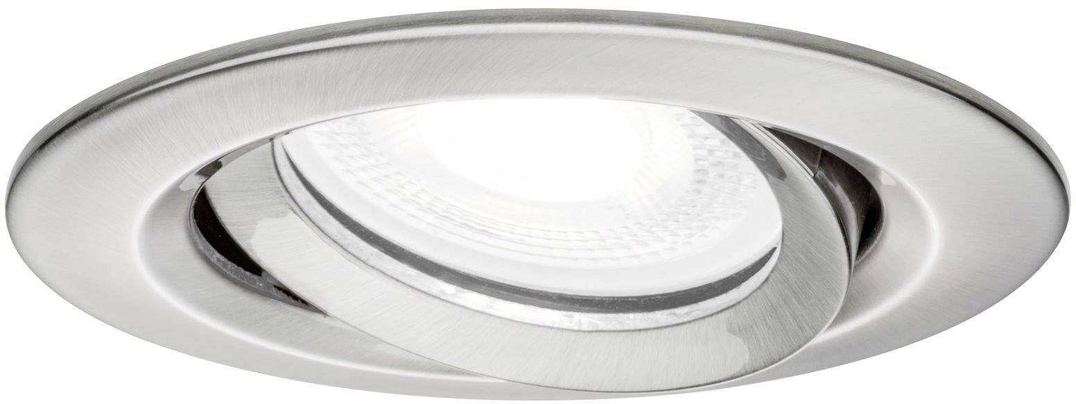 Inbouwspot met verstelbare zilveren rand en LED-verlichting in het midden, geschikt voor plafondmontage.