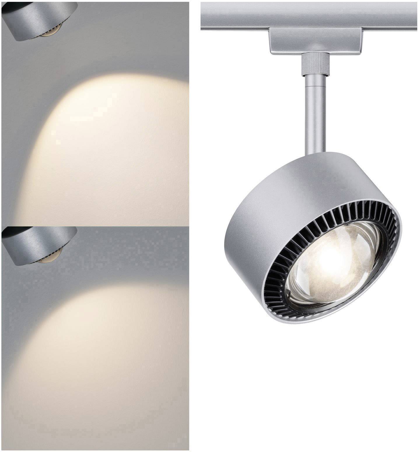 Plafondlamp met modern, cilindrisch ontwerp en verstelbare kop. Twee lichtbeelden tonen verschillende lichtintensiteiten.
