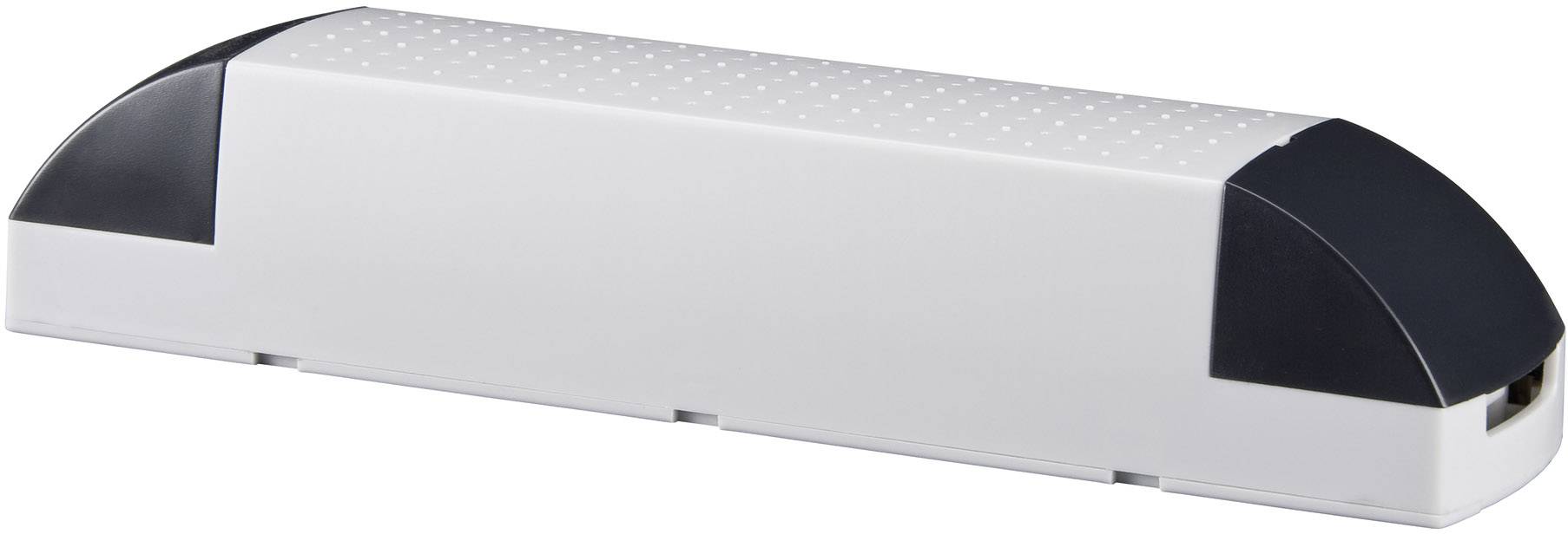 Een rechthoekig, wit-zwart apparaat met afgeronde uiteinden. Waarschijnlijk een elektronisch of computergestuurd apparaat.