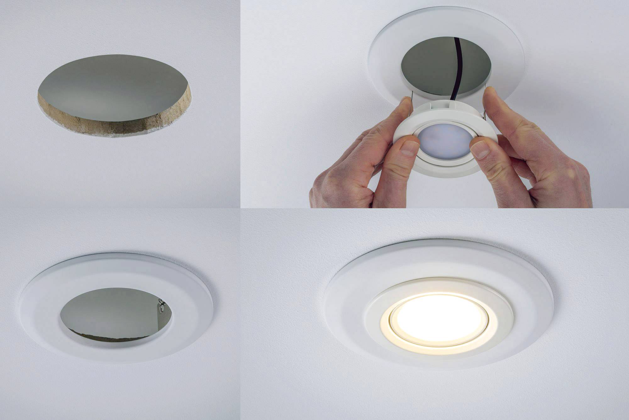 Stapsgewijze installatie van een plafondlamp: gat in het plafond, lamp plaatsen, bevestigde lamp, ingeschakeld licht.
