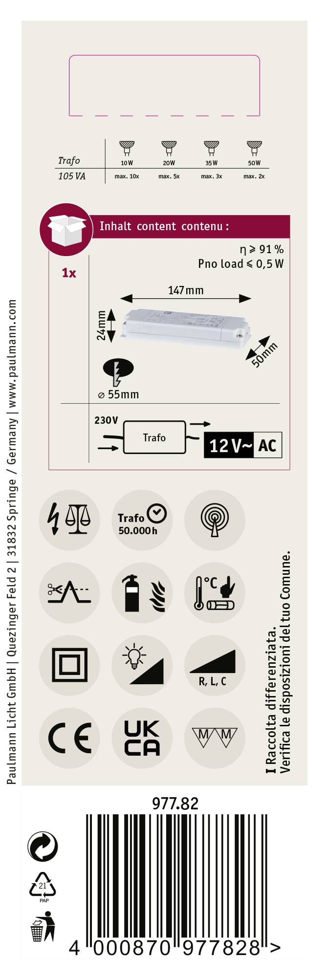 Etiket van een LED-lamp met technische specificaties, symbolen voor energiezuinigheidsklasse, vermogen 12V-AC, 230V en transformatorvereiste.