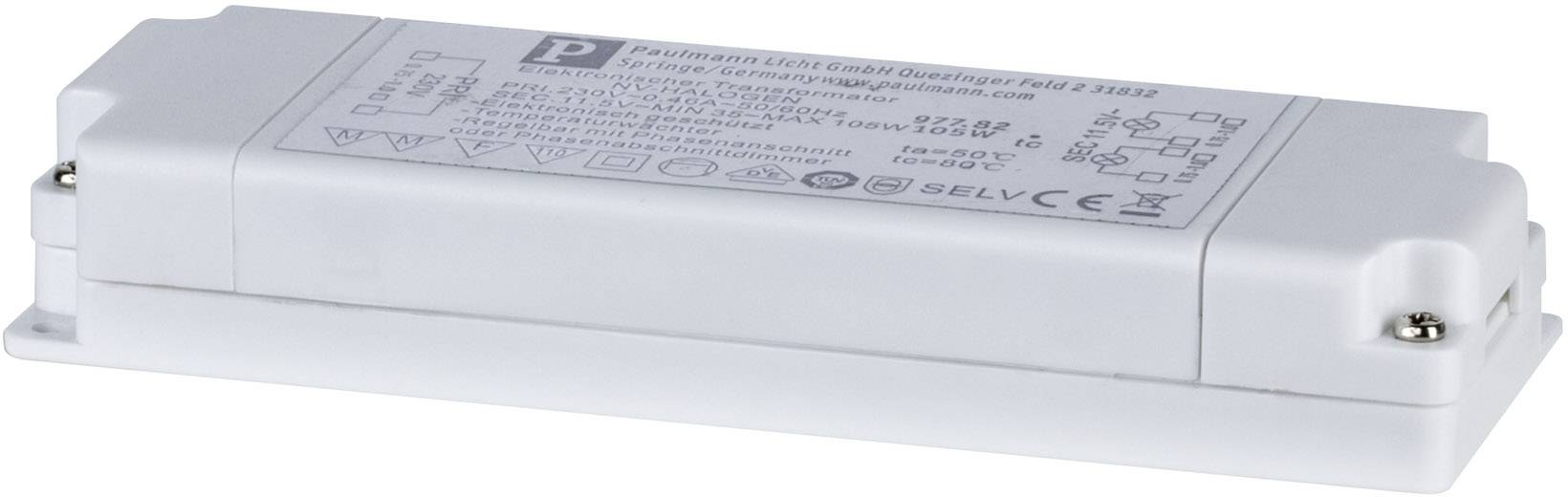 Een rechthoekige witte LED-driver met technische details en veiligheidssymbolen bedrukt. Ontworpen voor binnenverlichting.