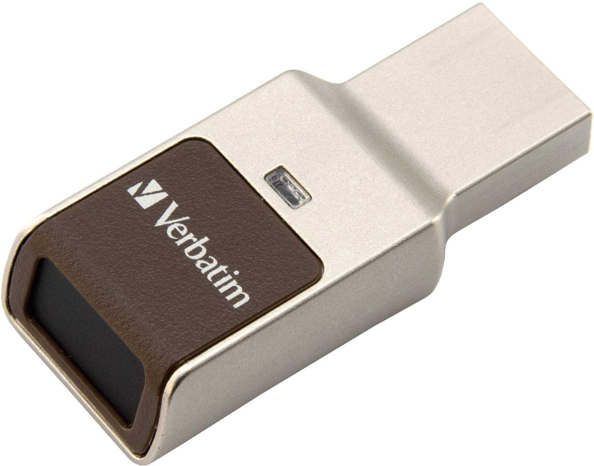 USB-flashdrive van Verbatim met een bruin en zilver design. Rechthoekige vorm met USB-aansluiting aan één kant.