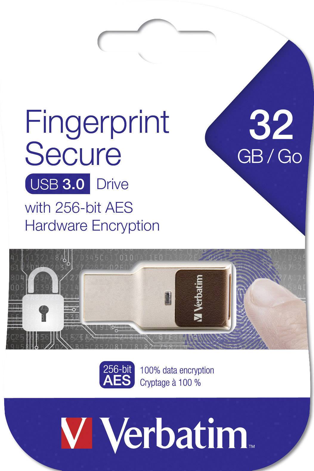 USB-stick 'Fingerprint Secure' van Verbatim, 32 GB, USB 3.0, met 256-bits AES-hardwareversleuteling.