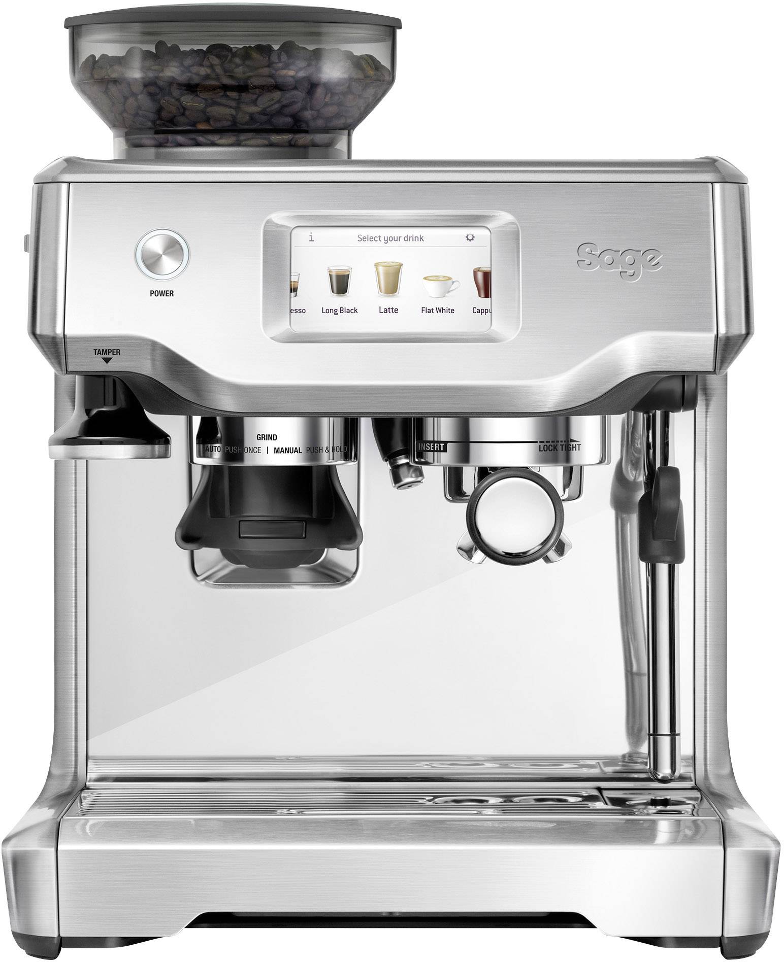Een espressomachine van roestvrij staal met filterhouder en geïntegreerde bonenbak. Display toont verschillende koffieopties.