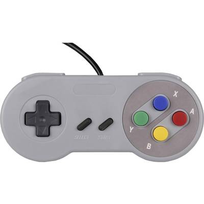 Een grijze videogamecontroller in retrostijl met een D-pad, vier gekleurde knoppen en Start- en Select-toetsen.