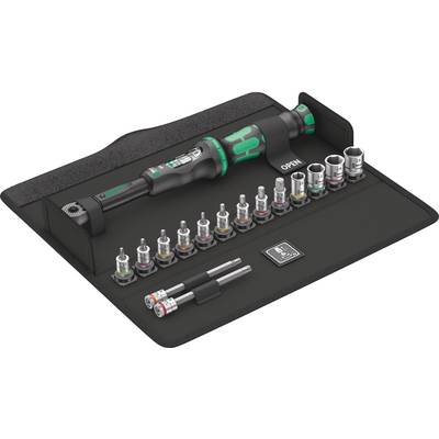 Momentsleutelset met verschillende dopsleutels en verlengstukken in een opgerolde etui.