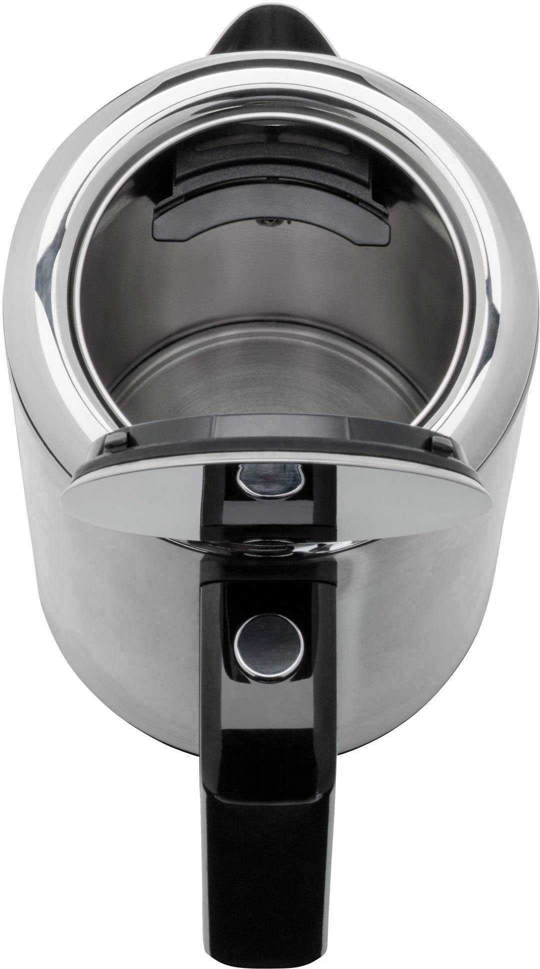 Metalen waterkoker, van bovenaf gezien, met zwarte handgreep en glanzende oppervlakte. Het deksel is gedeeltelijk geopend.