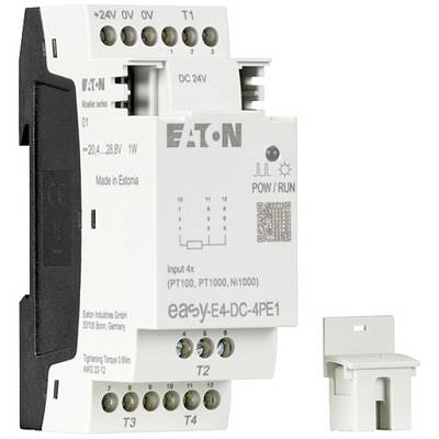 Een wit modulair elektrisch bedieningsapparaat met meerdere aansluitingen, gemerkt met 'Eaton' en modelnummer 'easy-E4-DC-4PE1'.