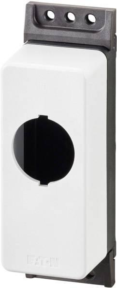 Elektrische behuizing voor schakelaar of knop, rechthoekig, wit met zwarte rand, gat in het midden voor montage.