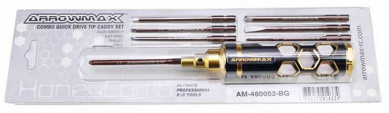 'Set van ARROWMAX Speed-Tip schroevendraaier bits met verschillende maten, verpakt in een doos. Bevat kruis- en sleufopties.'
