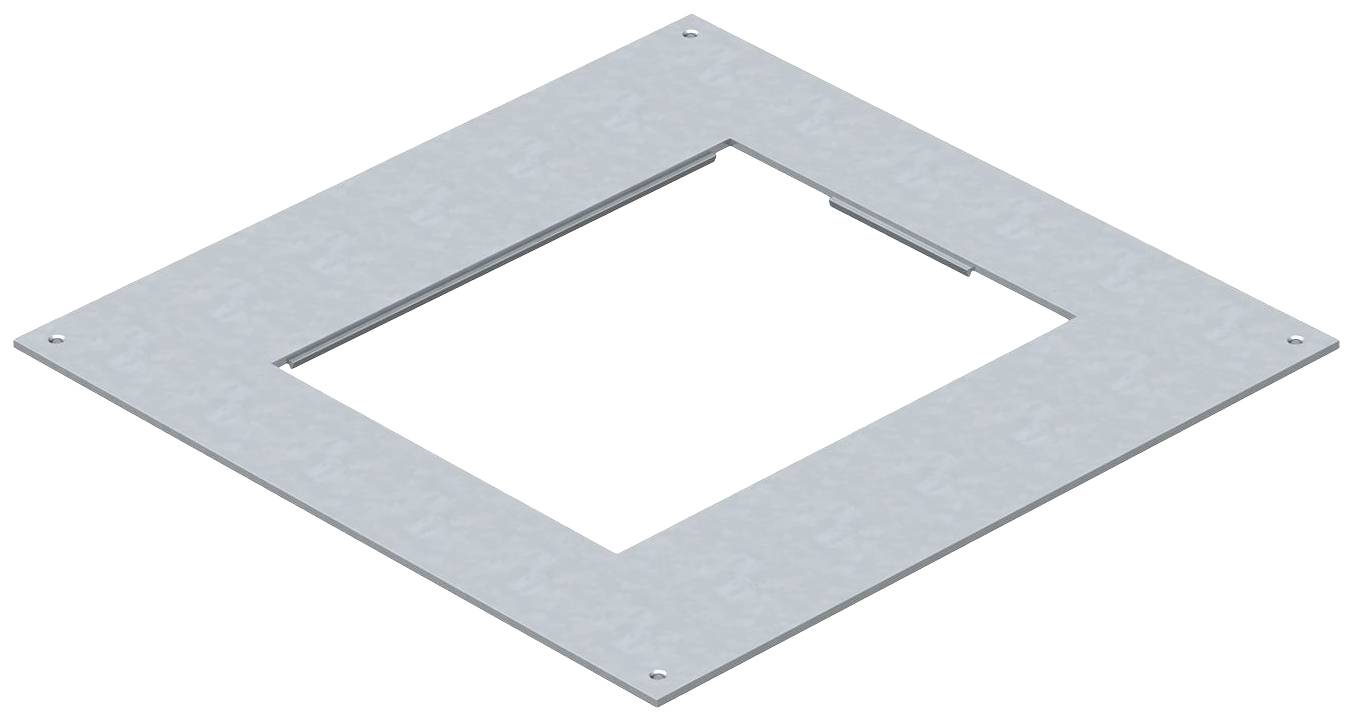 Metalen plaat in vierkante vorm met rechthoekige uitsparing in het midden, waarschijnlijk bedoeld voor montagedoeleinden.