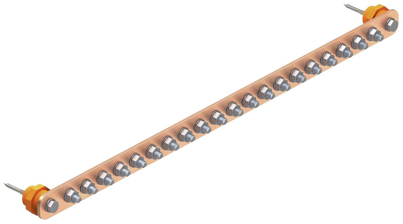 Koperen stroomrail met meerdere schroefbevestigingen, gebruikt voor de distributie van elektrische energie in een schakelinstallatie.