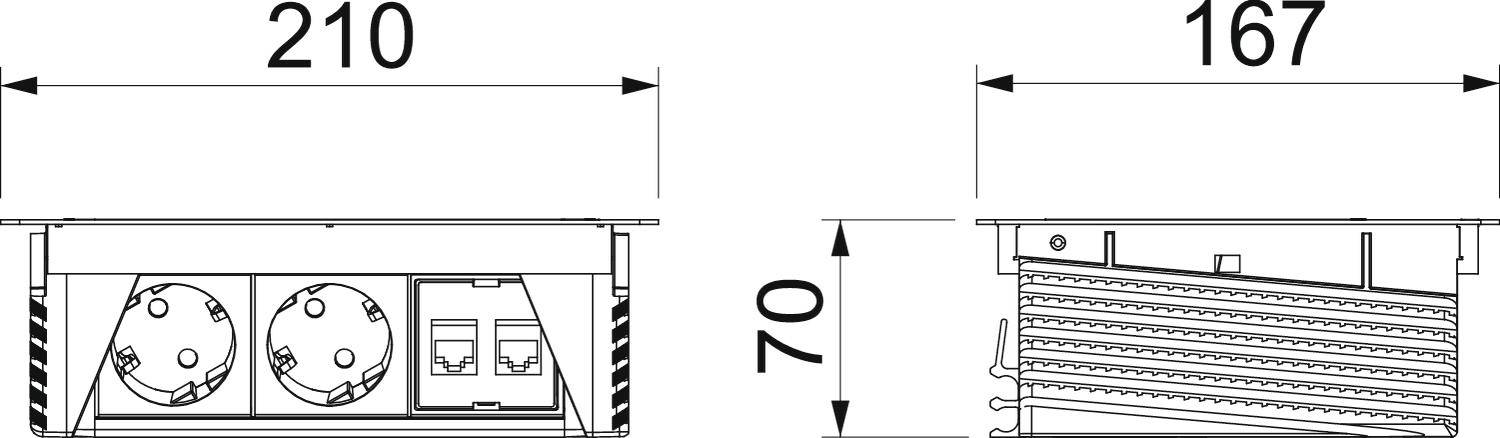 Technische tekening van een stekkerdoos met afmetingen: breedte 210 mm, lengte 167 mm, hoogte 70 mm. Bevat twee stopcontacten en twee schakelaars.